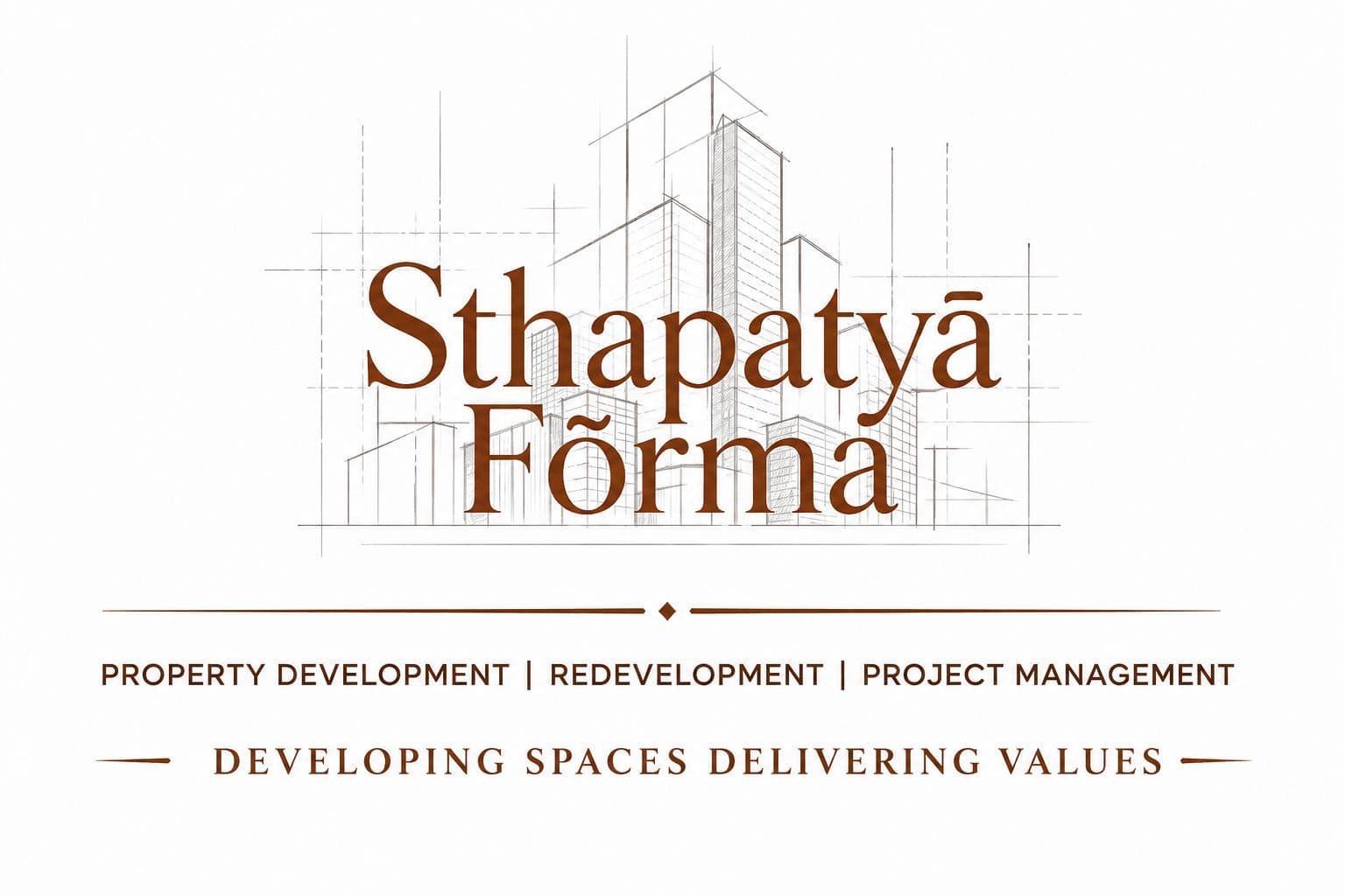 Sthapatya Forma logo over an architectural line drawing of towers